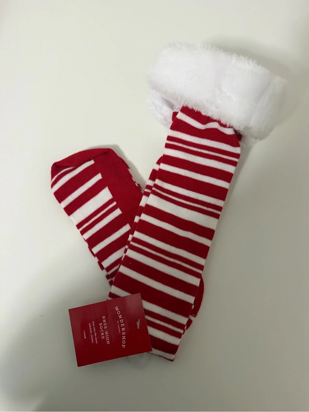 Wondershop Red & White Striped Fuzzy Cuff Knee-High Socks